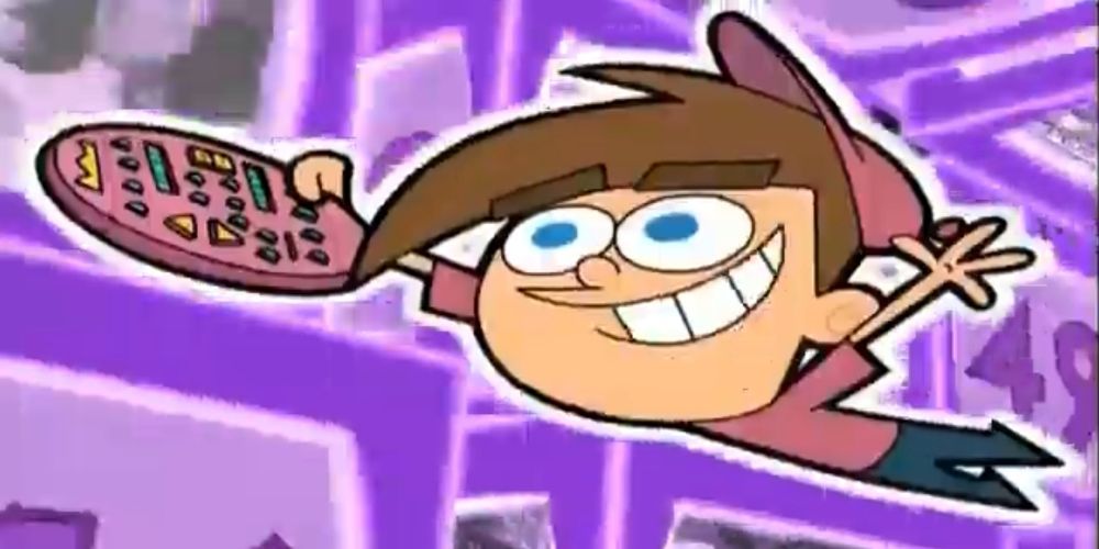 Timmy Turner flies through television waves with his magic remote.
