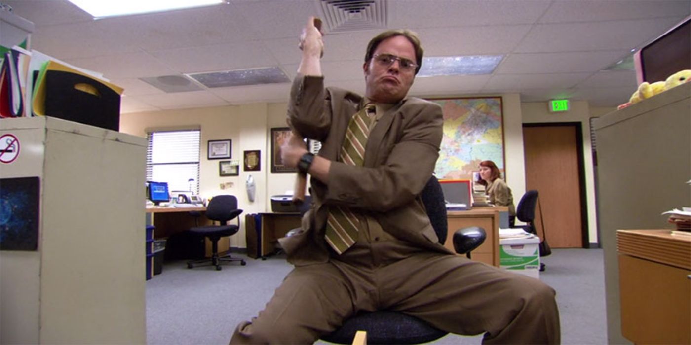 Dwight showing off his nunchucks around The Office