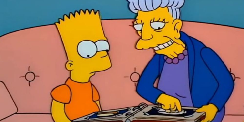 Agnes Skinner showing Bart Simpsons a scrapbook