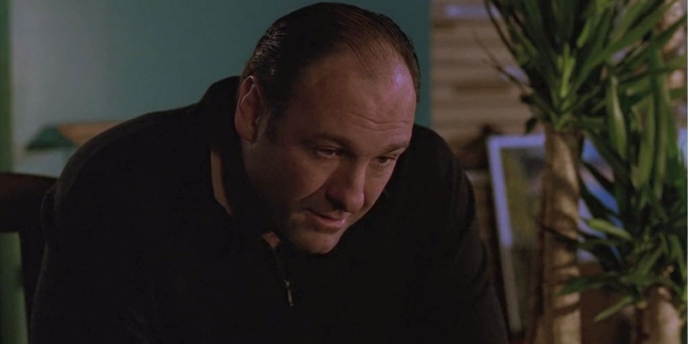 James Gandolfini sitting down and talking in The Sopranos