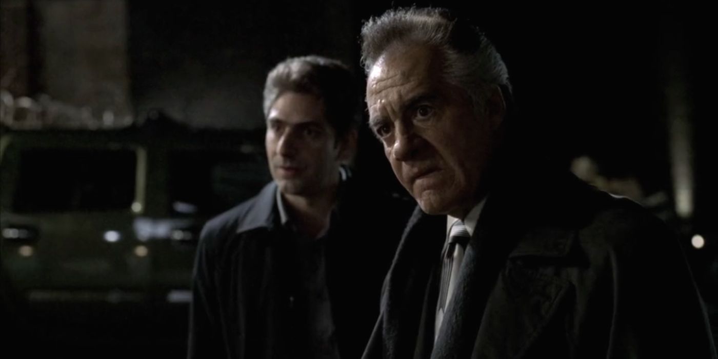 Tony Sirico and Michael Imperioli standing together outside in The Sopranos
