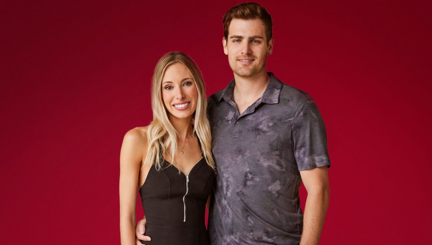 Kat wears a black dress stand next to Alex wearing a grey polo for 'The Ultimatum: Marry or Move On'