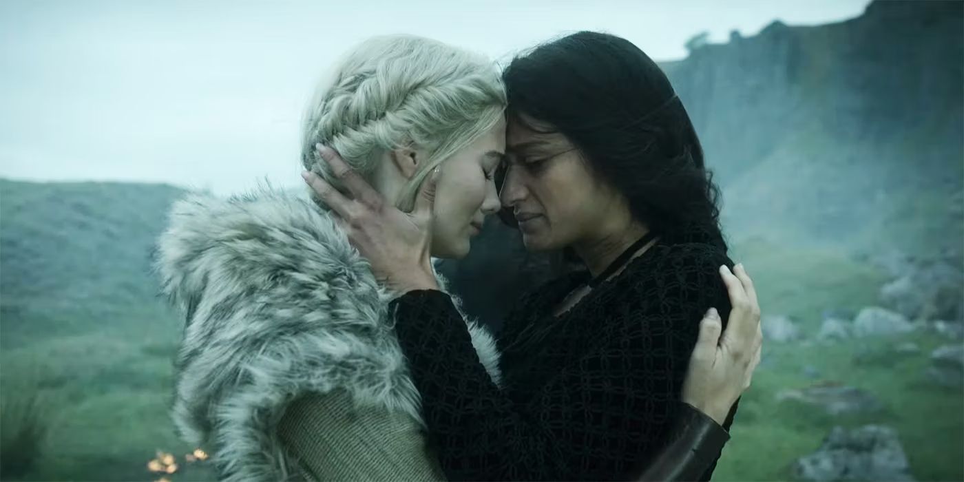 Yennefer (Anya Chalotra) and Ciri (Freya Allan) say goodbye with a hug in the Witcher