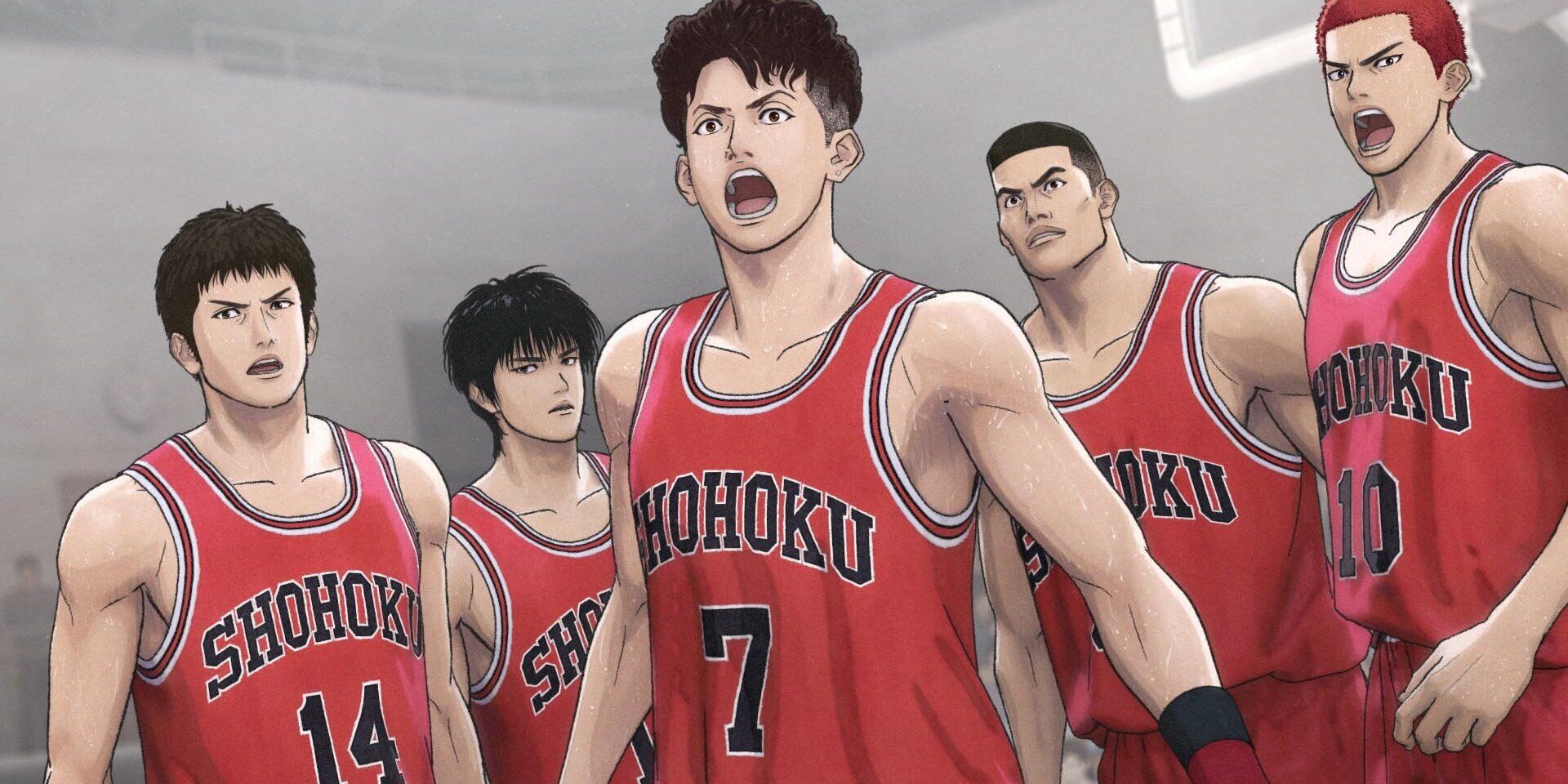 A still from The First Slam Dunk, featuring all 5 members of the Shohoku Basketball Team