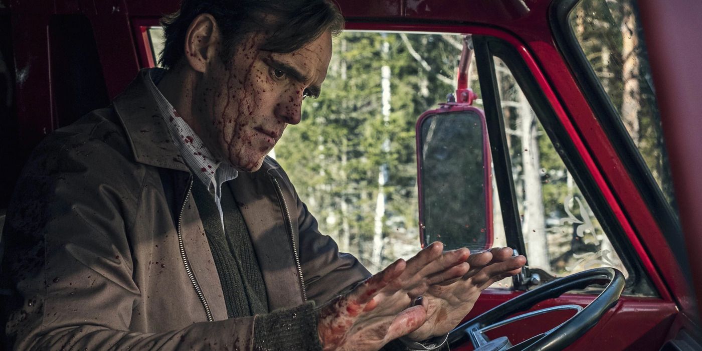 Matt Dillon as Jack, sitting in his red truck covered in blood, looking at his hands in The House That Jack Built