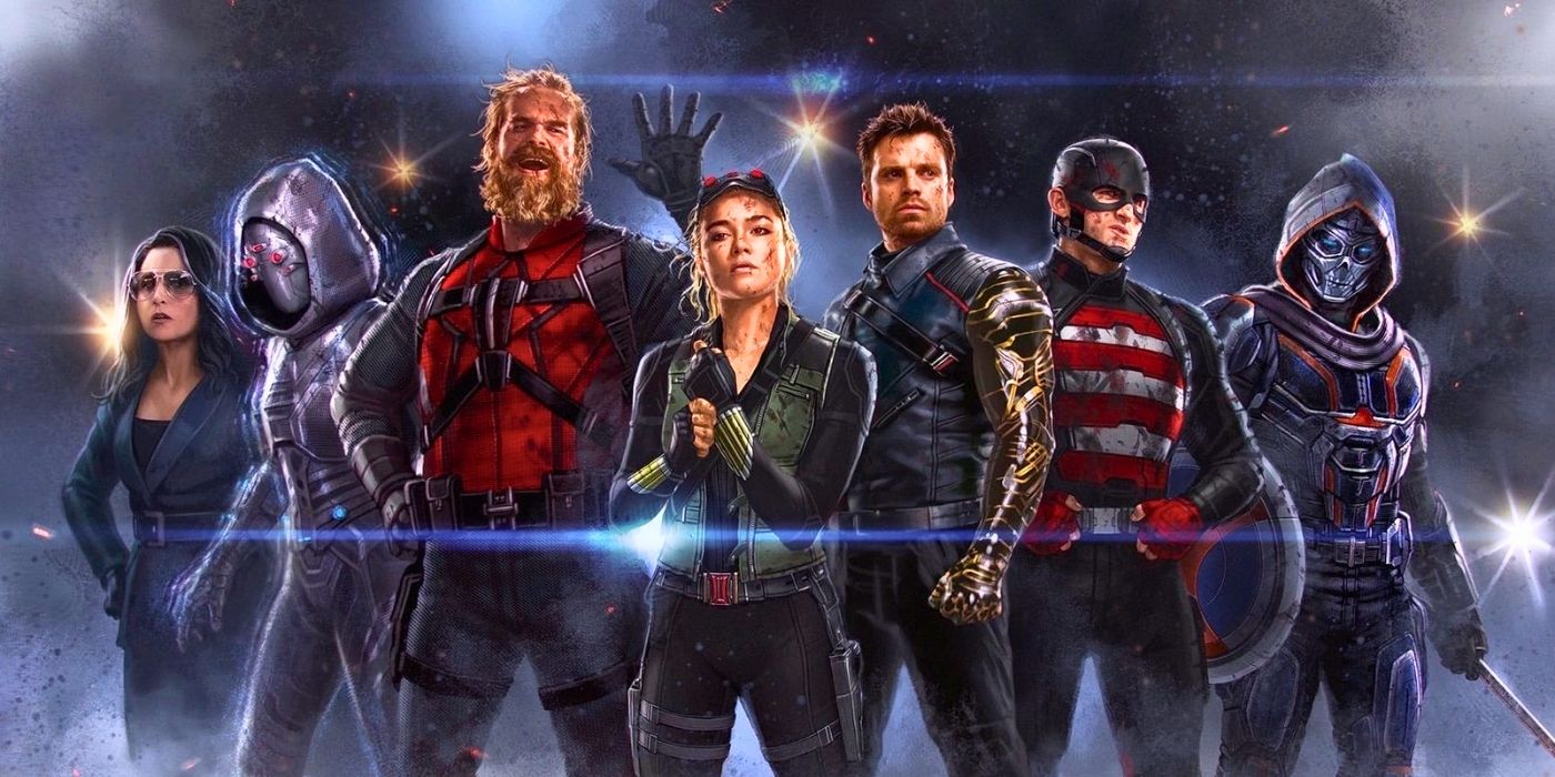 The cast stands in a group for a promotional poster for Thunderbolts