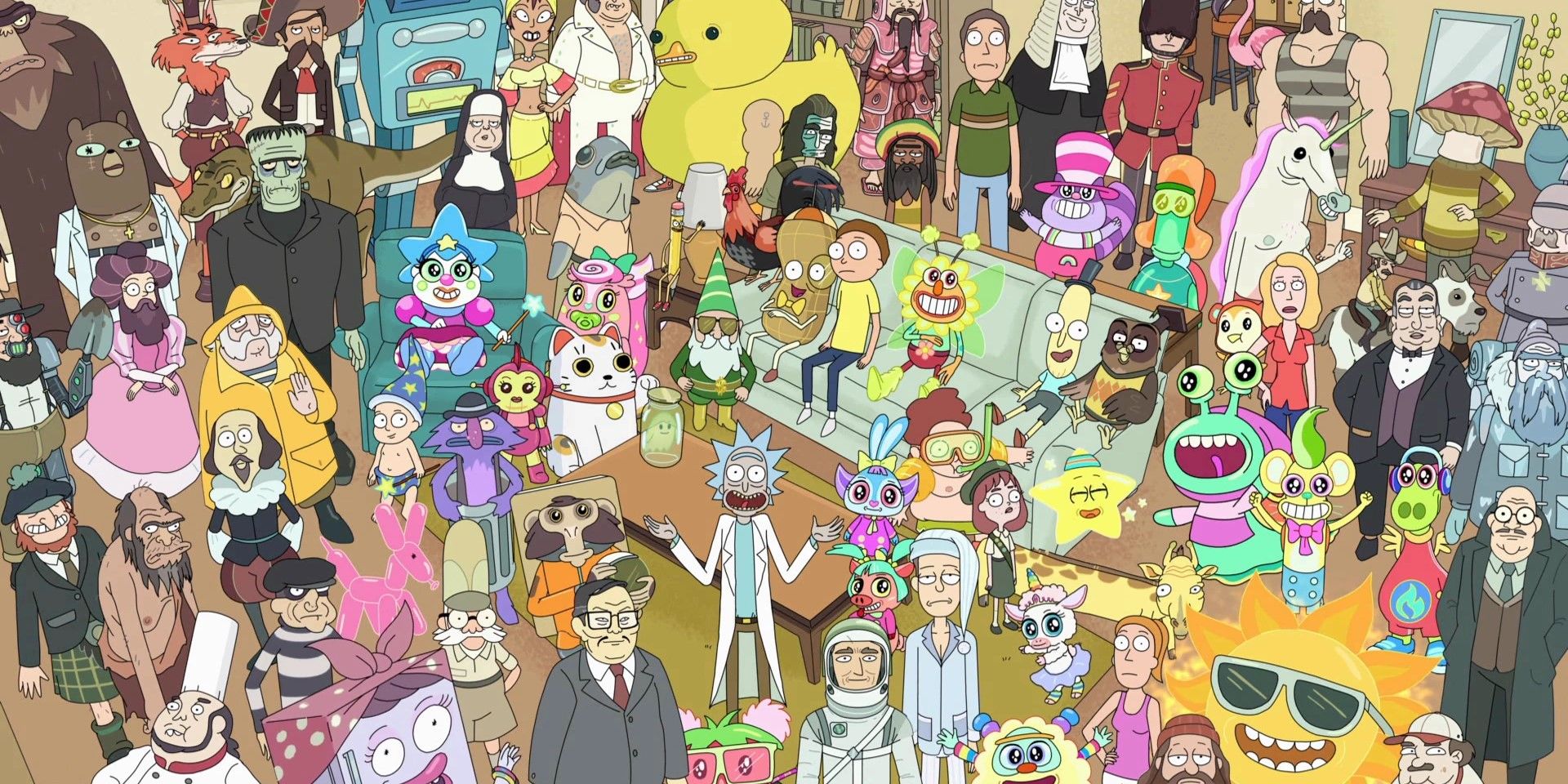The characters from Rick and Morty surrounded by colourful characters in 'Total Rickall'