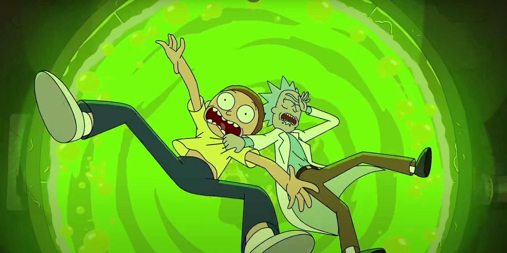 Rick and Morty falling into a vat of acid.