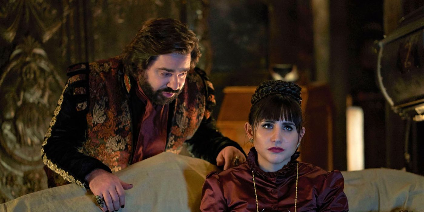 Laszlo, played by Matt Berry, and Nadja, played by Natasia Demetriou, in What We Do in the Shadows.