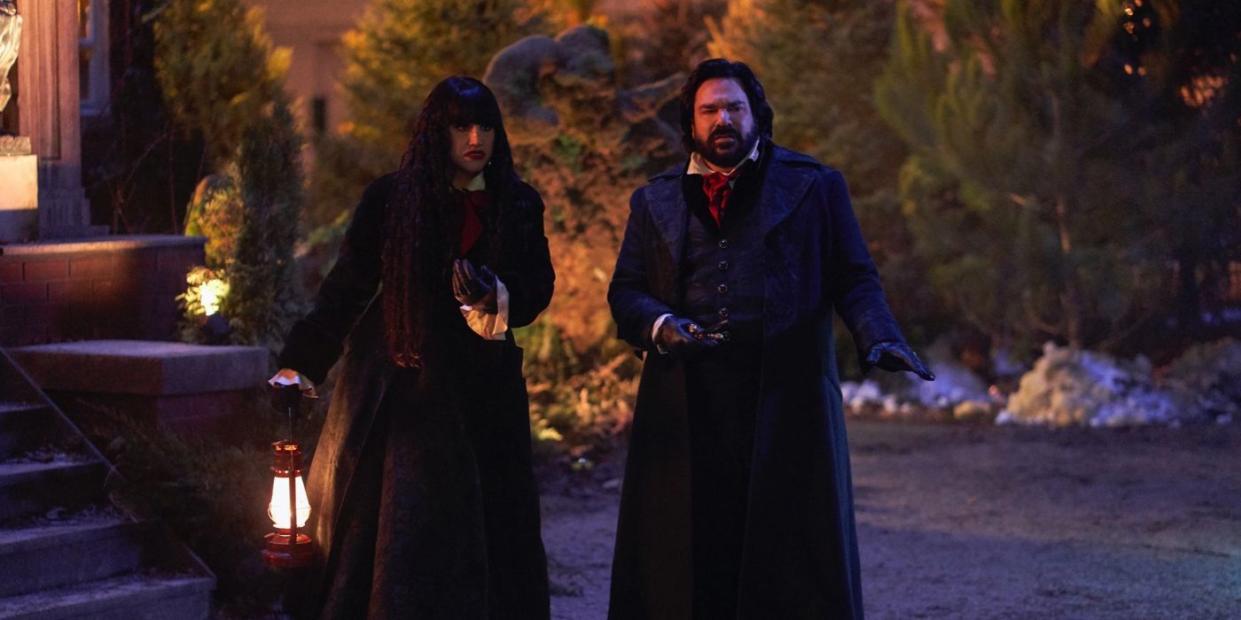 Nadja, played by Natasia Demetriou, and Laszlo, played by Matt Berry, in What We Do in the Shadows.