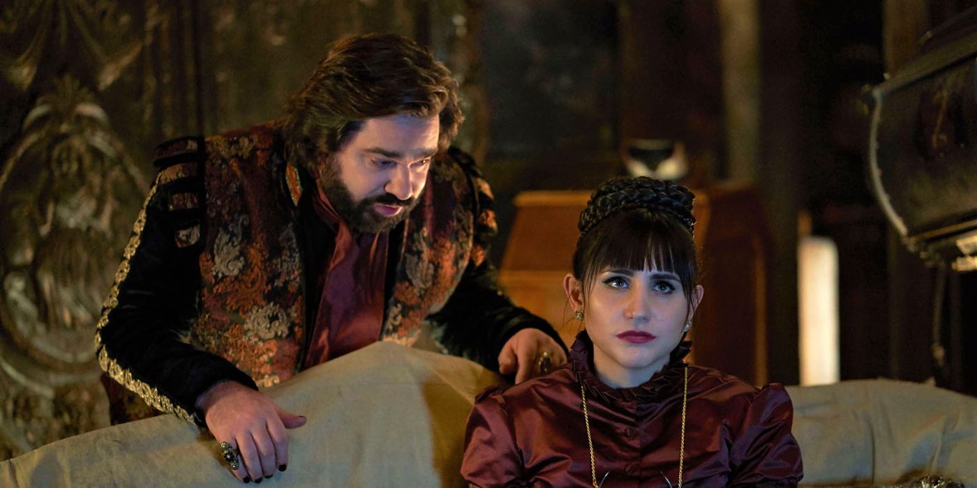 Laszlo, played by Matt Berry, talking to Nadja, played by Natasia Demetriou, in What We Do in the Shadows.