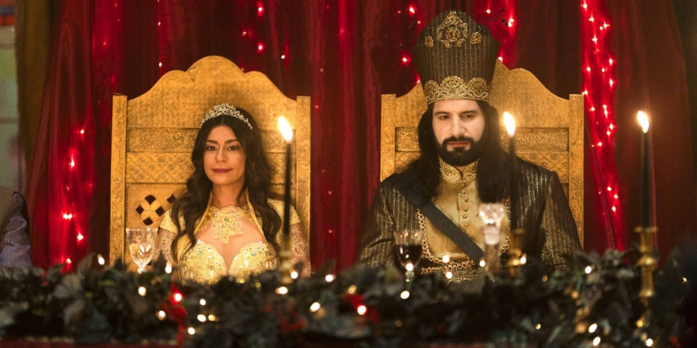 Marwa, played by Parisa Fakhri, and Nandor, played by Kayvan Novak, at their wedding in What We Do in the Shadows.