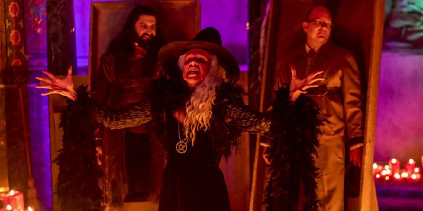 Nandor, Lilith, and Colin Robinson in What We Do in the Shadows.