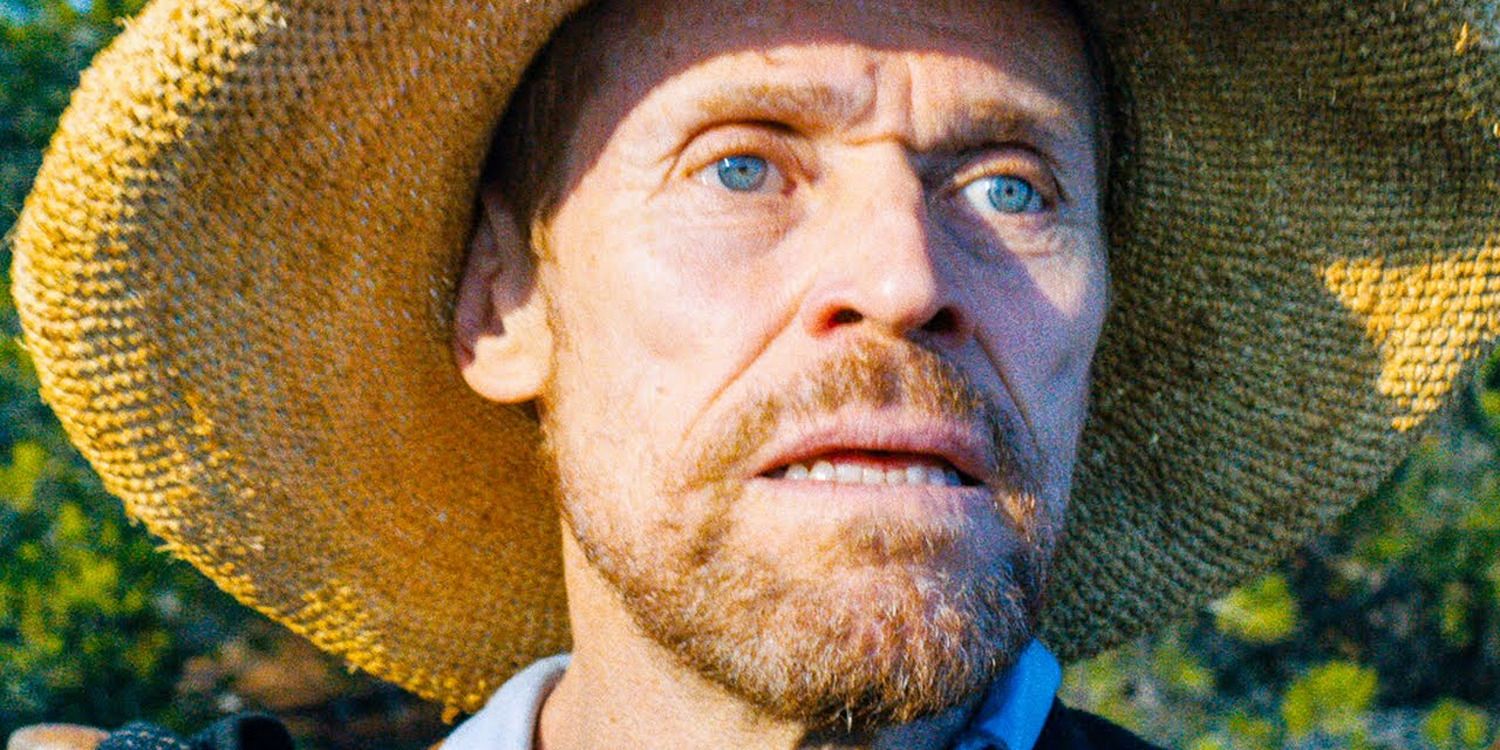 close-up of Willem Dafoe as Van Gogh looking at the horizon, wearing a straw hat