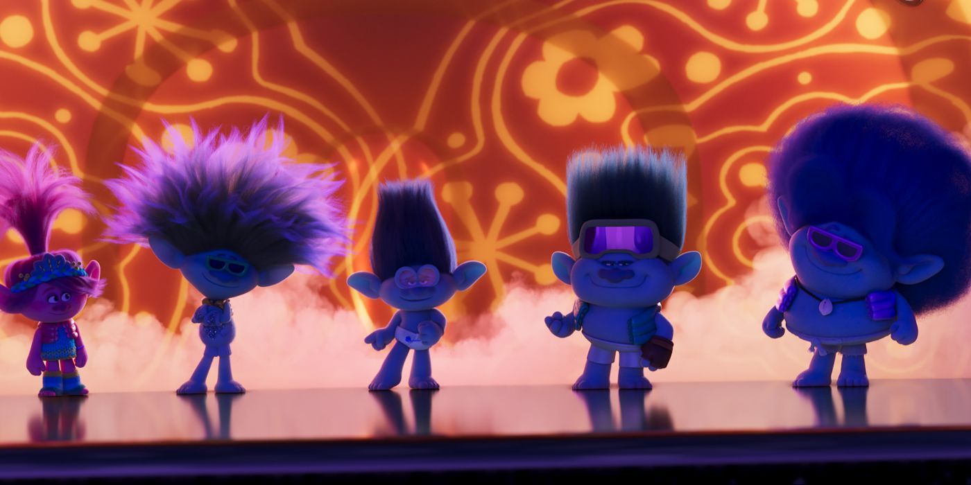 Poppy, Branch, John Dory, Clay, Floyd, and Spruch in Trolls Band Together