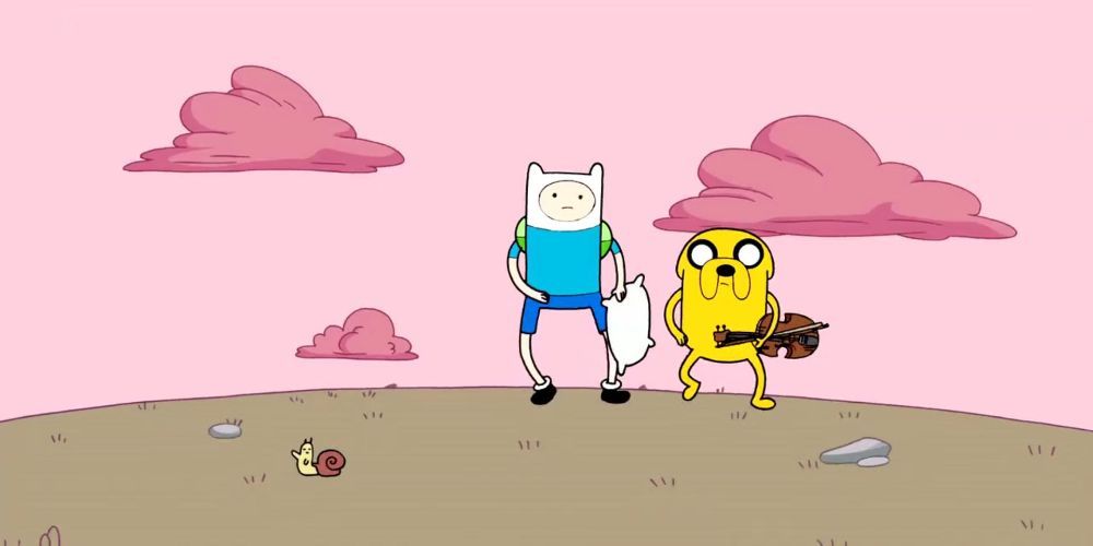 Finn and Jake search for a new home while the snail waves at the camera