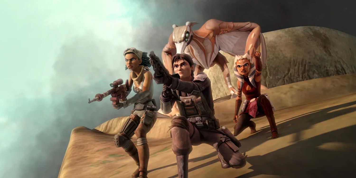 Ahsoka and a group of rebels with guns on a cliffside