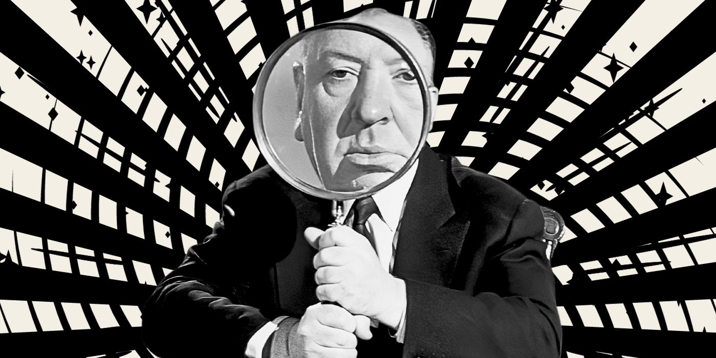 Alfred Hitchcock holding a magnifying glass that is magnifying his face