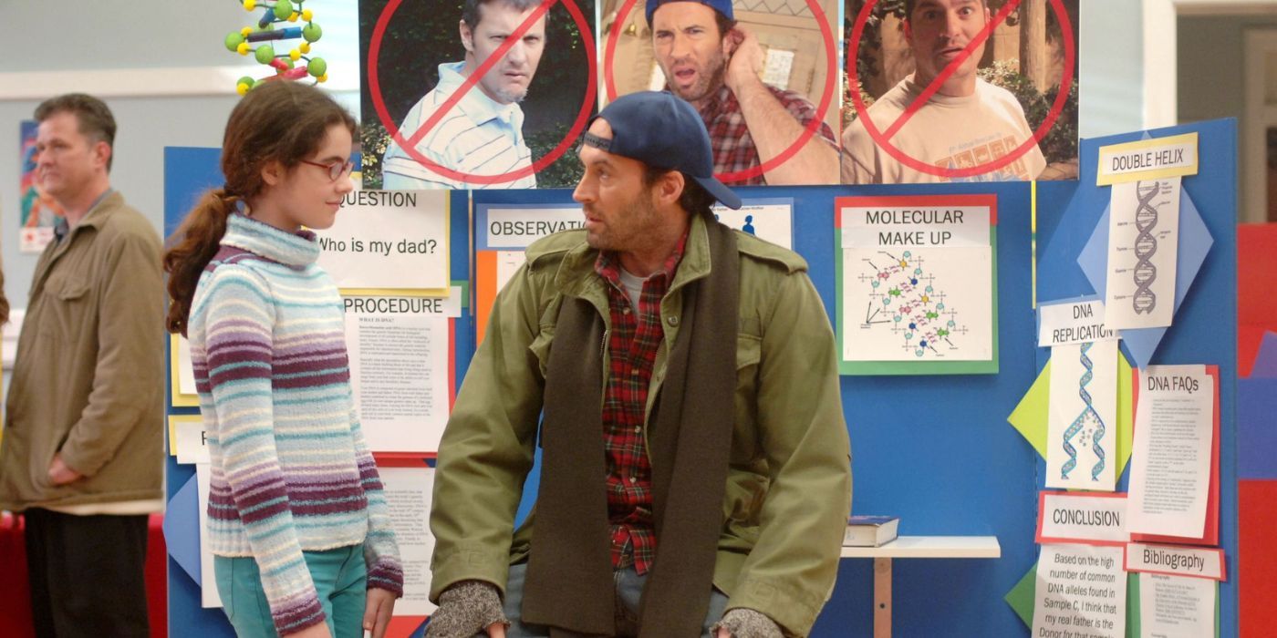 Luke (Scott Patterson) parecendo emocionado ao lado de sua filha April (Vanessa Marano) em um estande da feira de ciências em Gilmore Girls