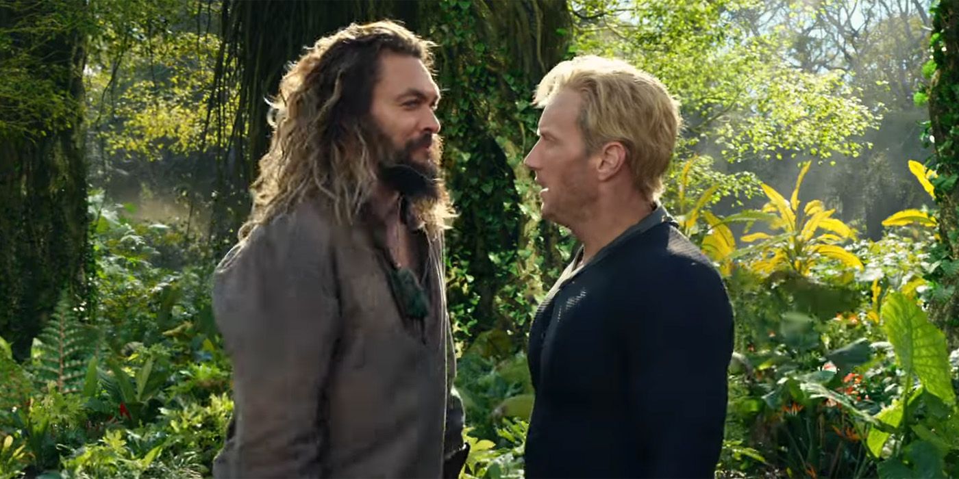 Patrick Wilson as Orm & Jason Momoa as Arthur Curry standing in an open forest in Aquaman and the Lost Kingdom