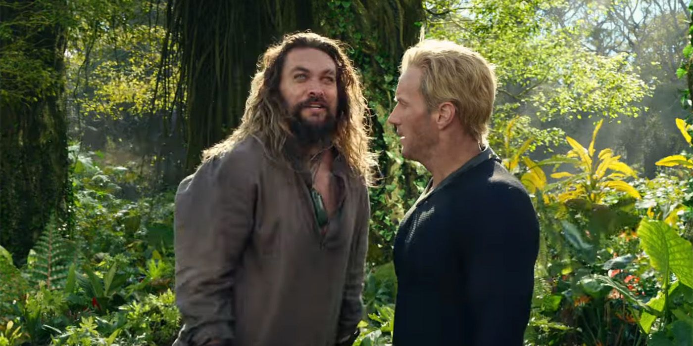 Jason Momoa as Arthur and Patrick Wilson as Orm standing together in Aquaman and the Lost Kingdom