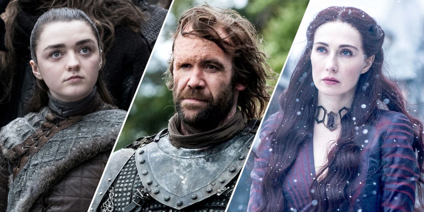 Split image showing Arya, The Hound, and Melisandre in Game of Thrones