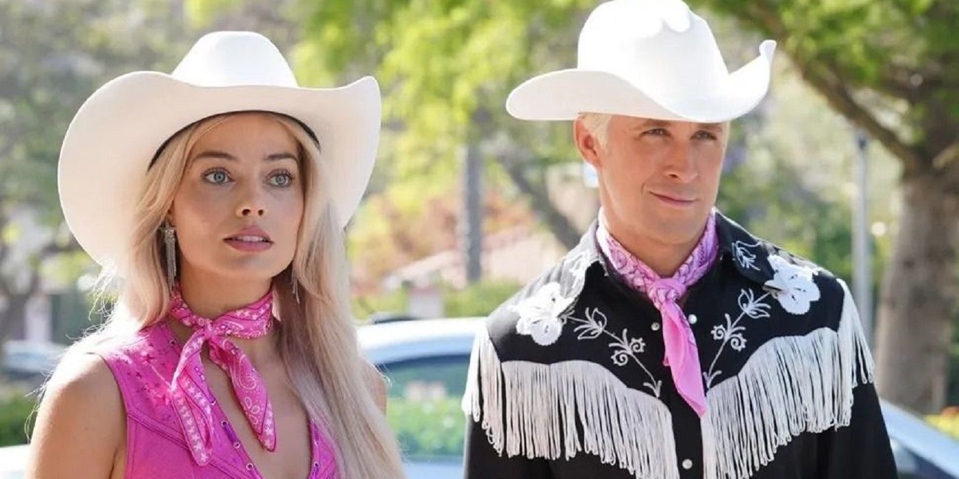 Margot Robbie as Barbie and Ryan Gosling as Ken Wearing White Hats in Barbie (2023)