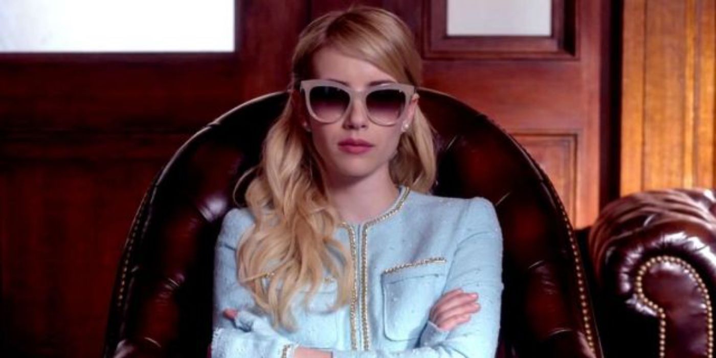 Chanel sits in the Dean&rsquo;s office with her arms crossed in Scream Queens.