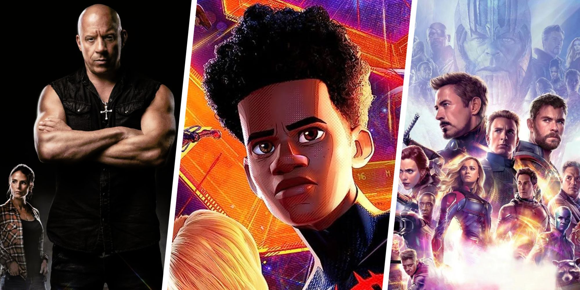 Collage with images from 'Fast X', 'Across the Spider-Verse', and 'Avengers Endgame'