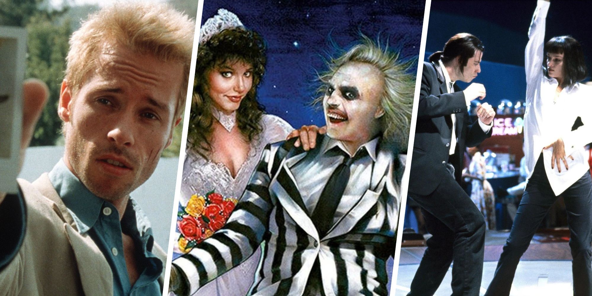 Collage with images from 'Memento', 'Beetlejuice', and 'Pulp Fiction'