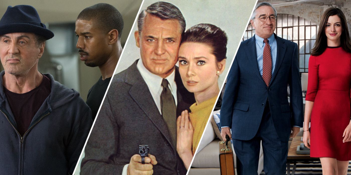 Split image showing characters from Creed, The Intern, and Charade.