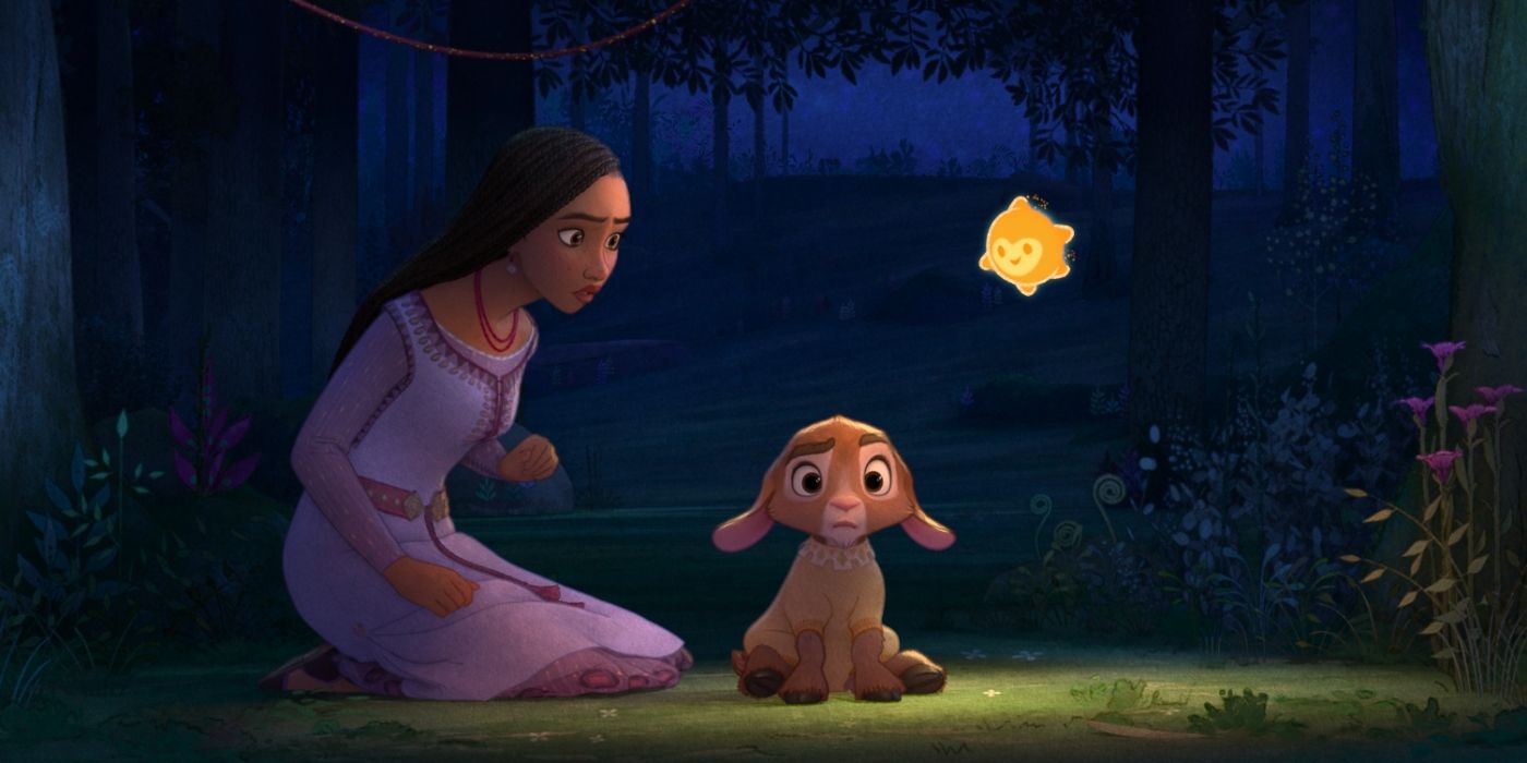 Asha, voiced by Ariana DeBose, Valentino the Goat, voiced by Alan Tudyk, and Star in Wish