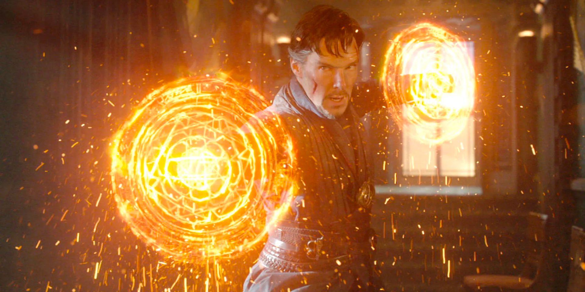 Marvel hero Dr. Strange (Benedict Cumberbatch) casts a spell while in training.