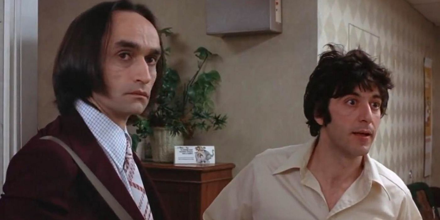 John Cazale and Al Pacino as Sal Naturile and Sonny Wortzik, looking frazzled in a room in Dog Day Afternoon