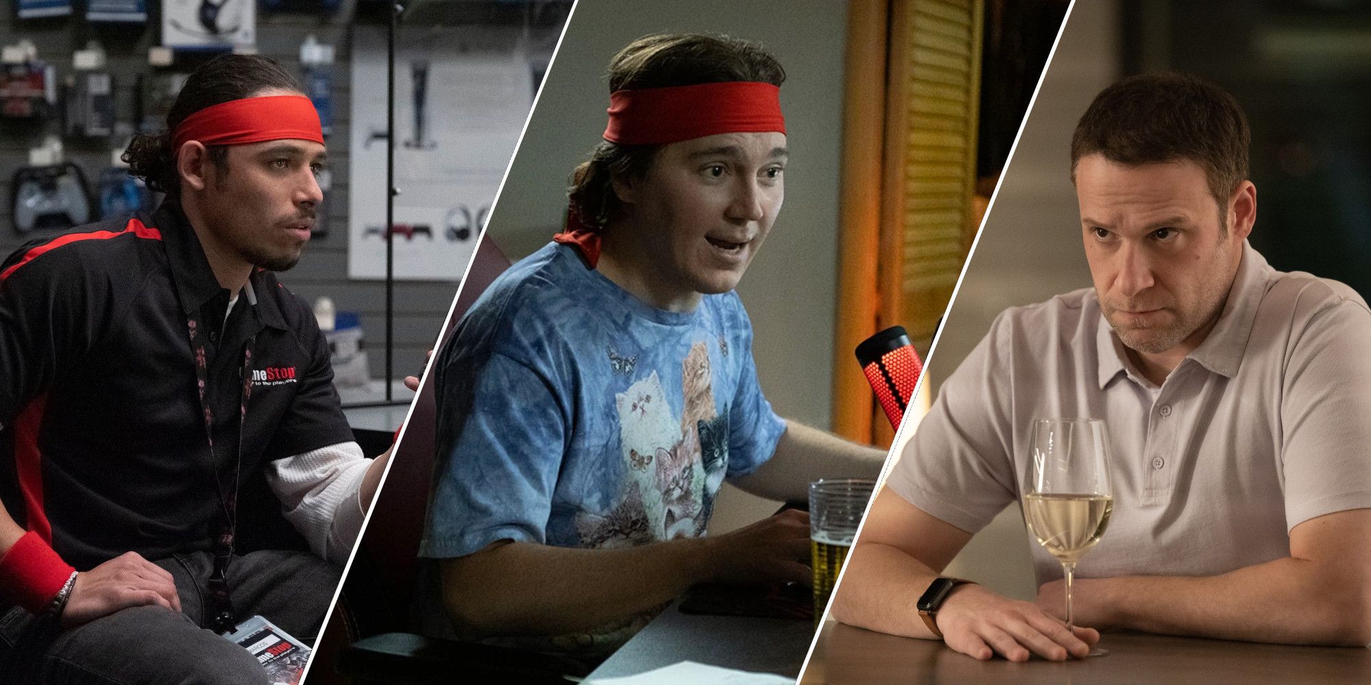 A collage of characters in the film Dumb Money, featuring characters portrayed by Anthony Ramos, Paul Dano, and Seth Rogen