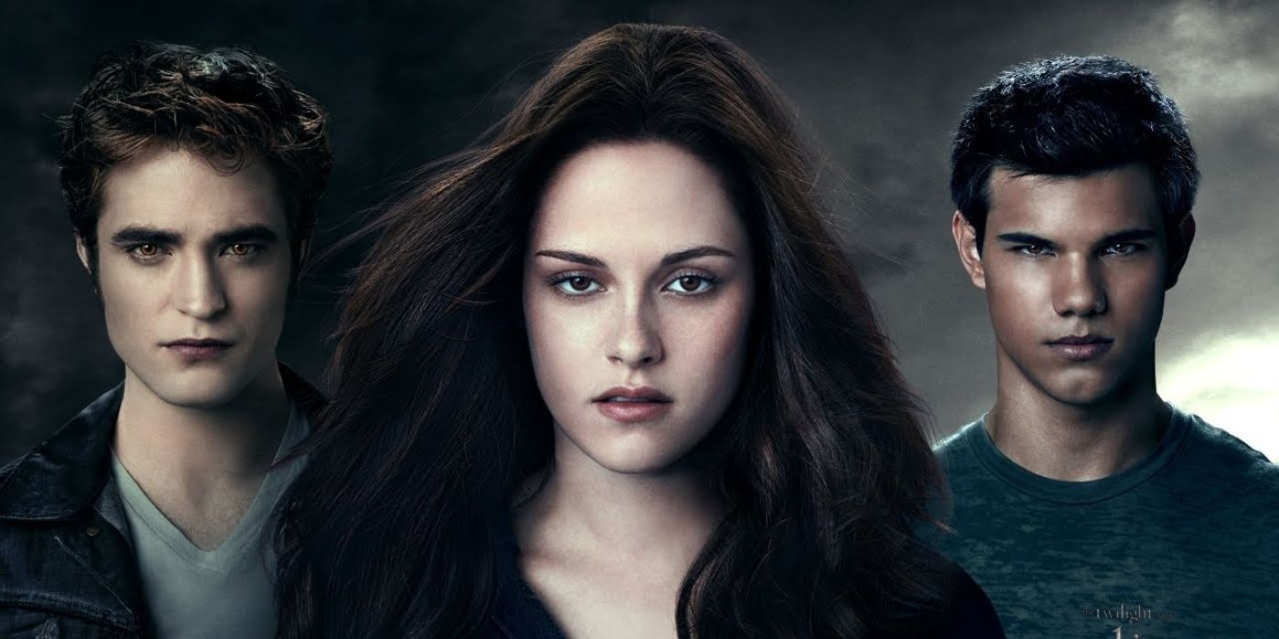 Edward (Robert Pattinson), Bella (Kristen Stewart), and Jacob (Taylor Lautner) in a promotional image for Twilight: Eclipse