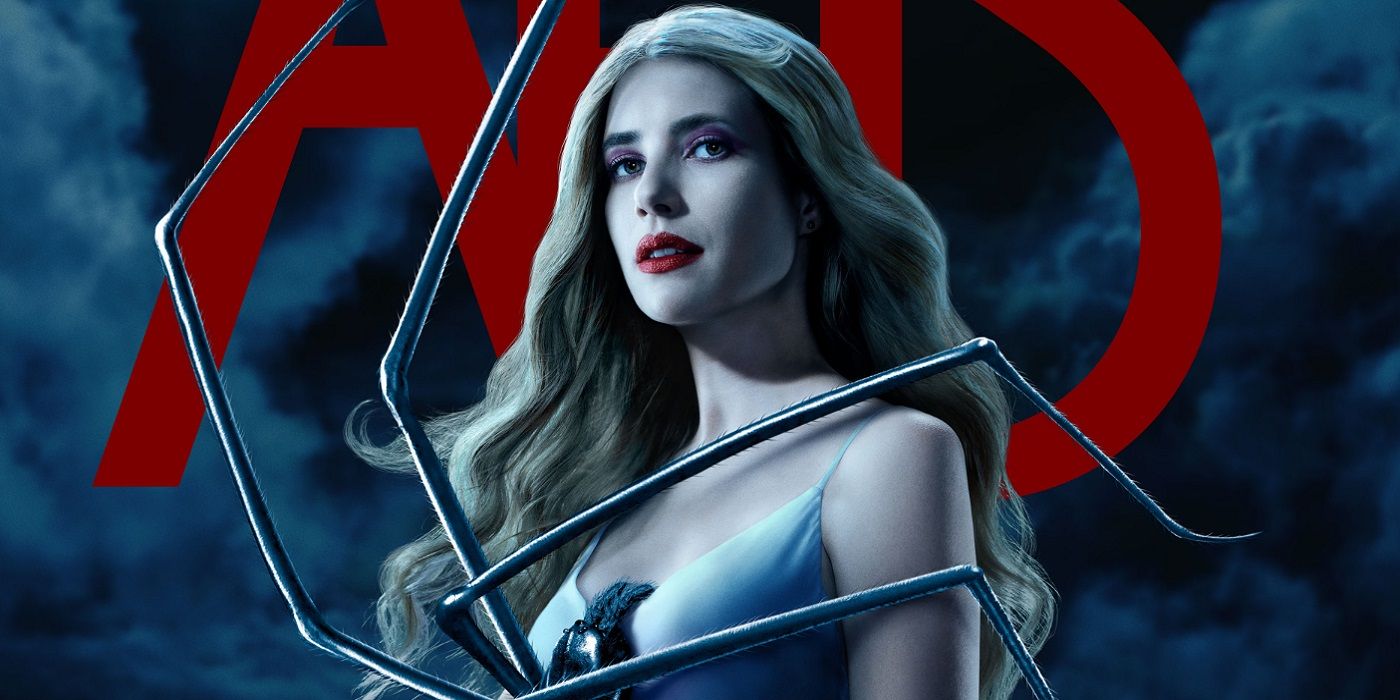 Emma Roberts con un vestido blanco y una araña en el torso en American Horror Story: Delicate Póster