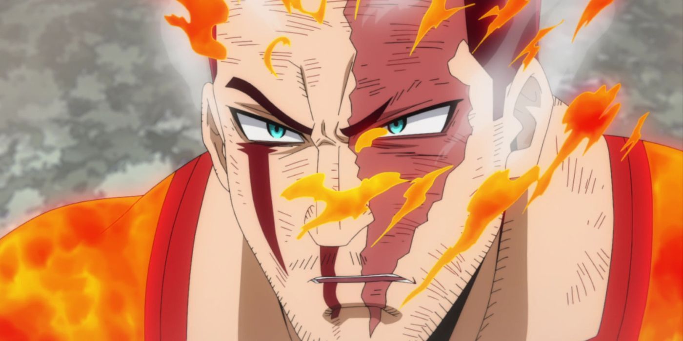 Enji Todoroki, also known as Endeavor, with a bloody, fiery face in My Hero Academia