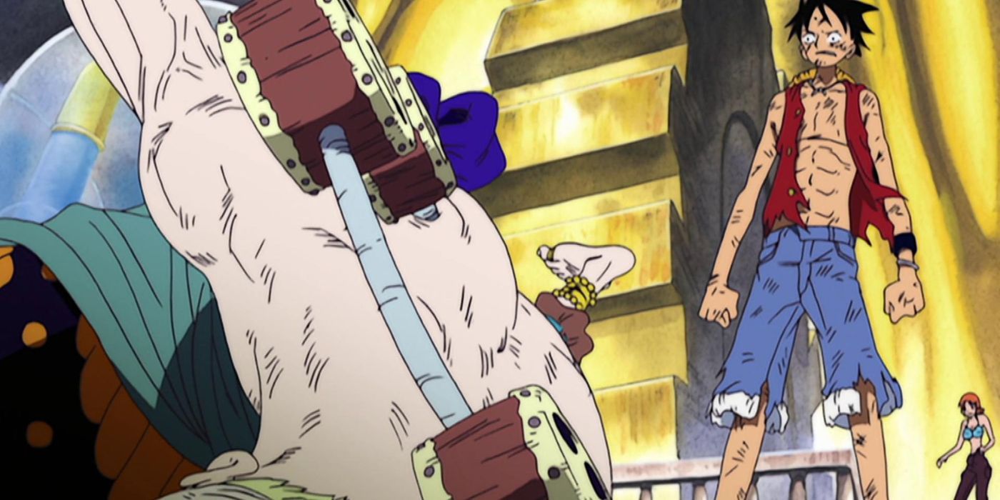 Luffy looking down at a defeated Enel in One Piece