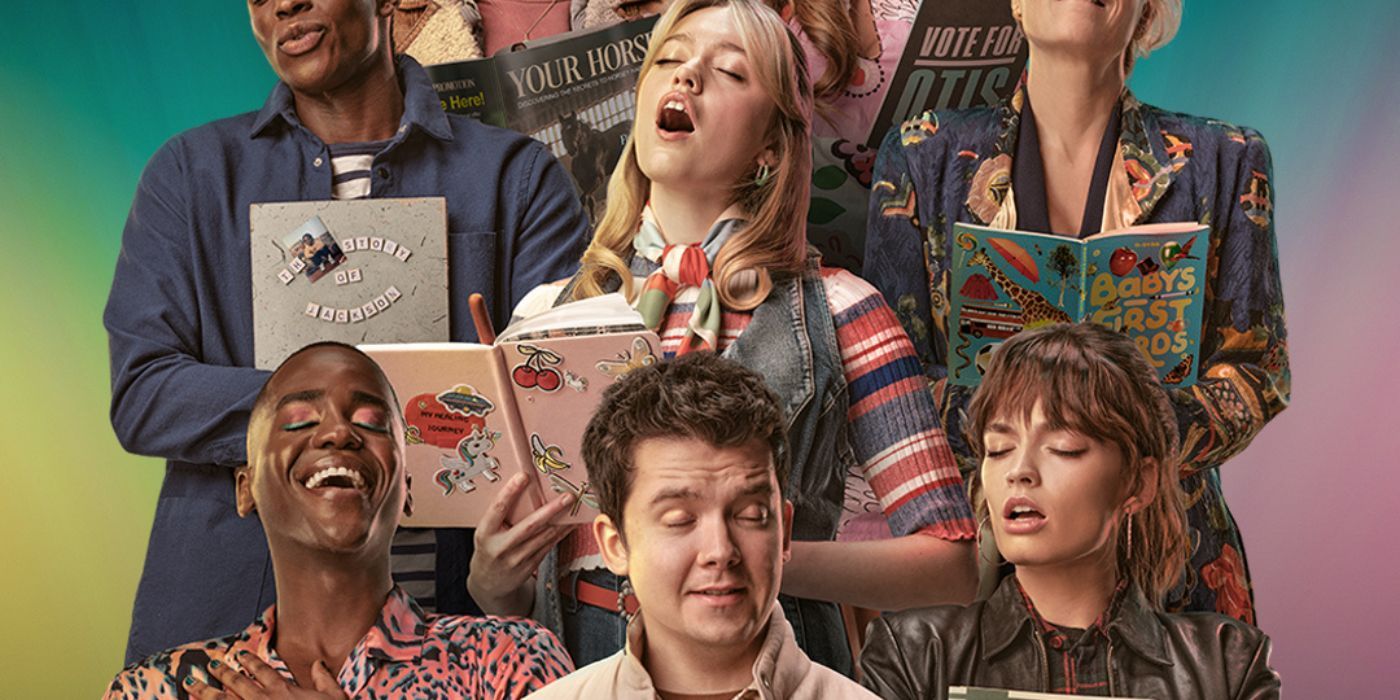 Asa Butterfield, Ncuti Gatwa, Emma Mackey, and Aimme Lou Wood as Otis, Eric, Maeve, and Aimee on the poster for Sex Education Season 4