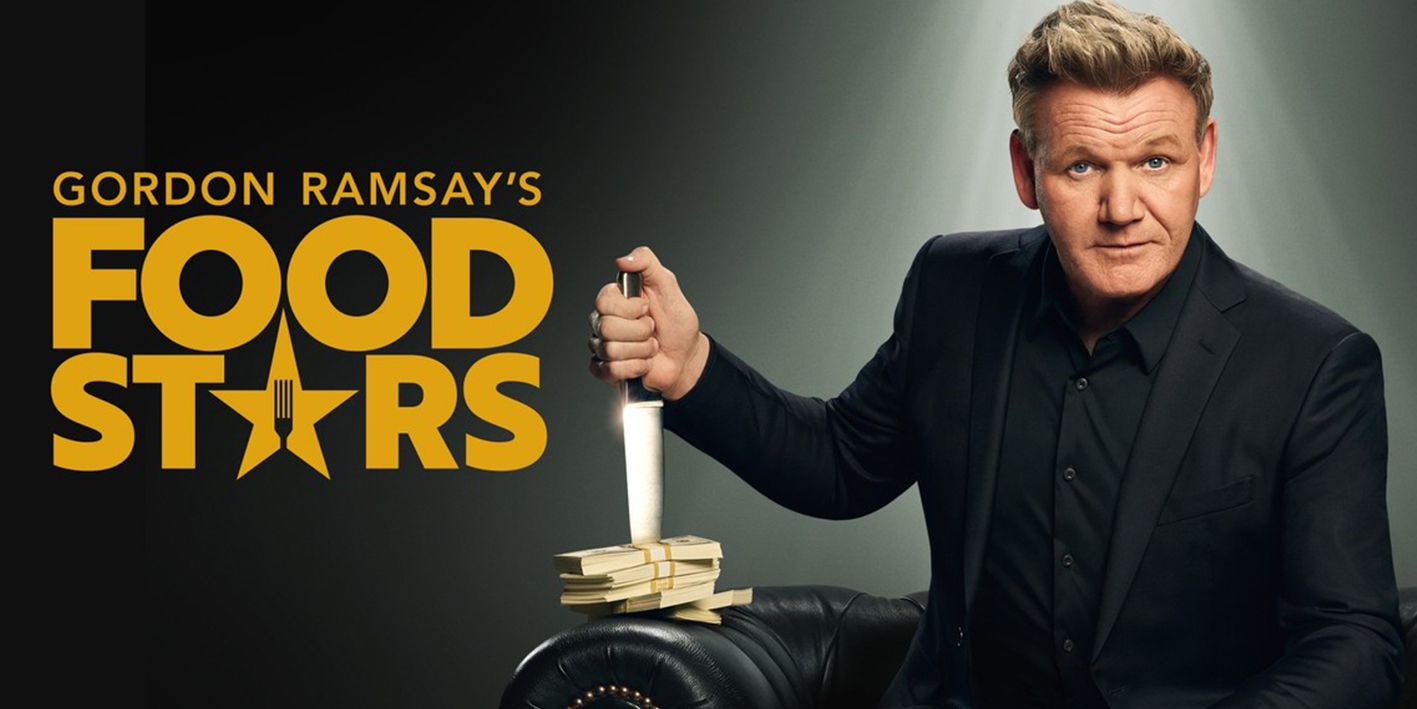 Food Stars promo photo with Gordon Ramsay-sticking kitchen knife in cash 