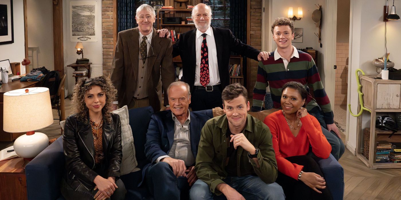 Nicholas Lyndhurst, director James Burrows, Anders Keith, Jess Salgueiro, Kelsey Grammer, Jack Cutmore-Scott, and Toks Olagundoye on the set of The Frasier Reboot