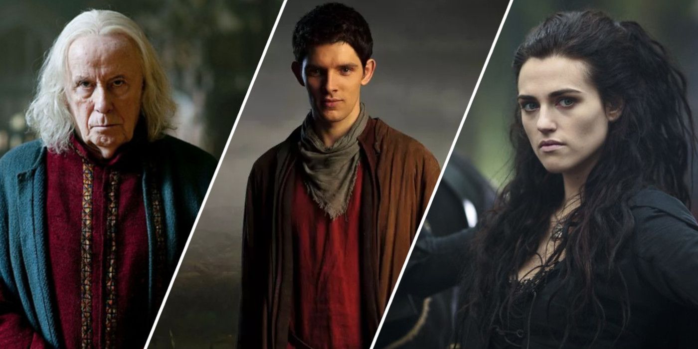 Split image shwoing Gaius, Merlin, and Morgana in Merlin