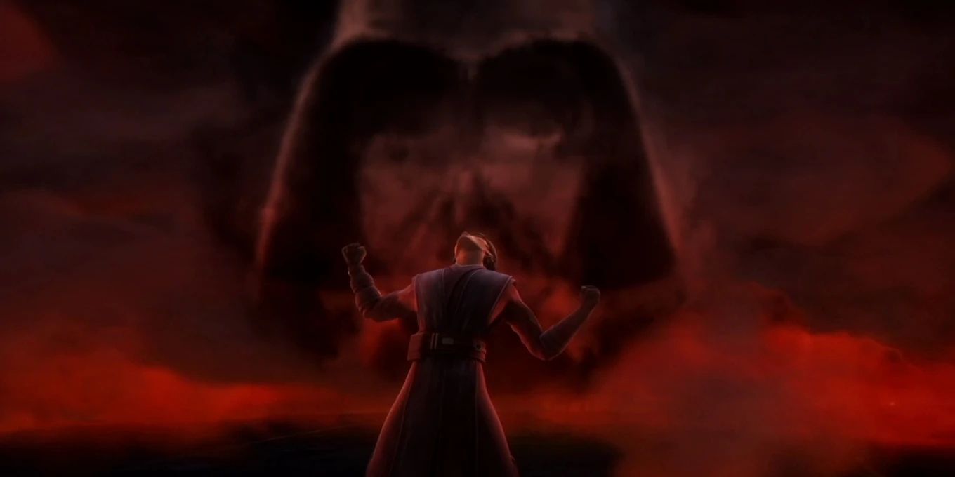 Anakin Skywalker adopta una pose desafiante sobre un fondo rojo brumoso que presenta el casco de Darth Vader.