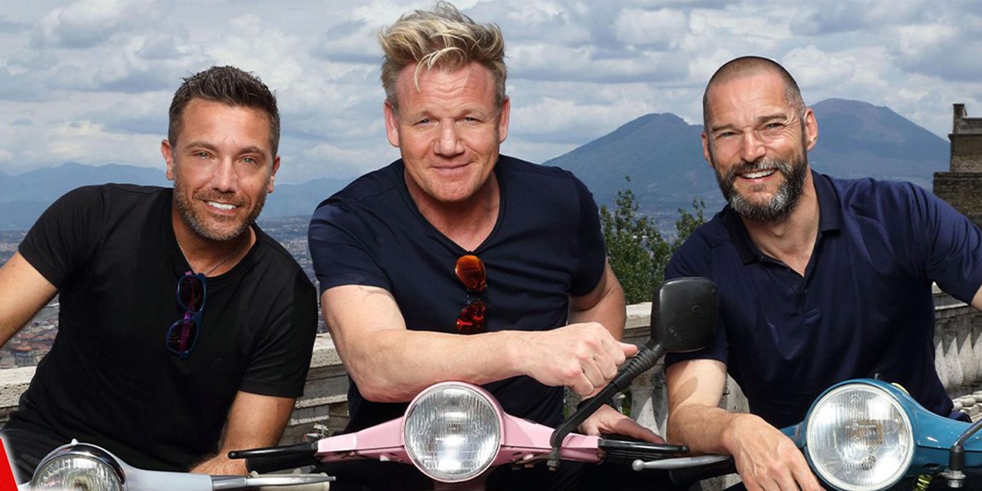 Gordon-Gino-And-Fred-Road-Trip- Group Closeup Gordon Ramsay, Gino D'Acampo and Fred Sirieix 