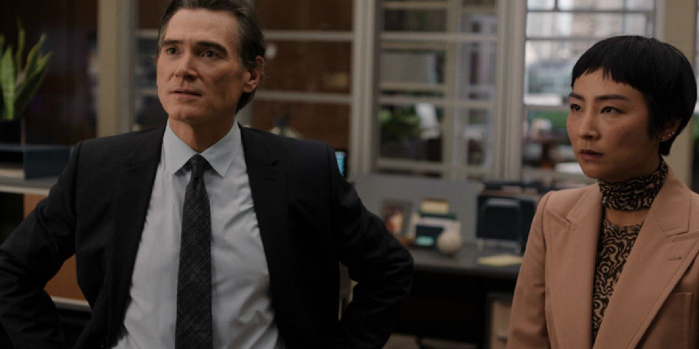 Greta Lee (right) with Billy Crudup in The Morning Show Season 3