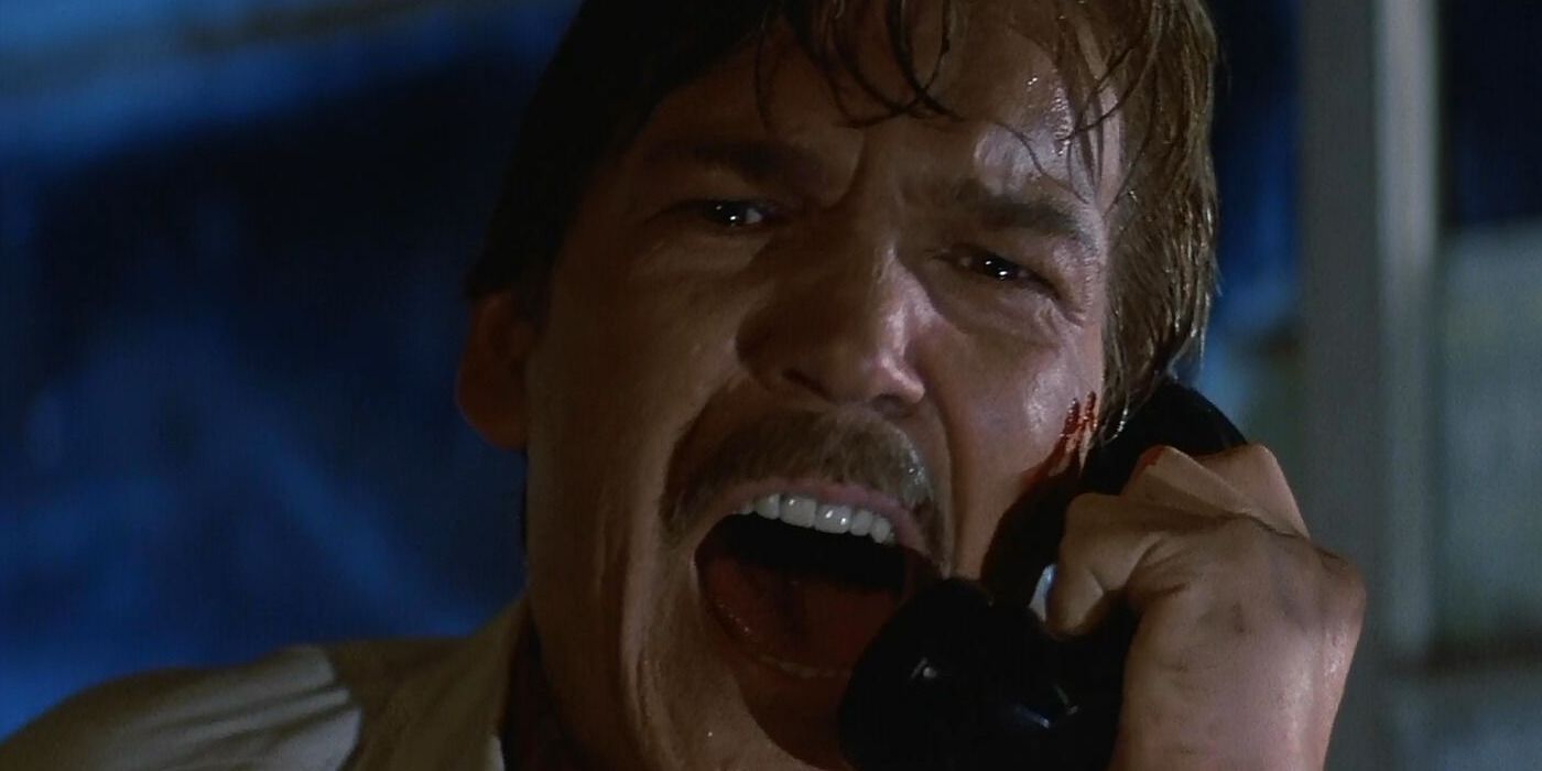 Tom Atkins is on the phone yelling at the networks to pull the plug on Silver Shamrock on all local networks in the final scene of Halloween III.