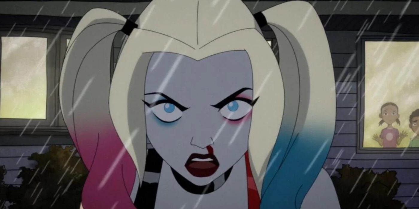 Harley standing in the rain with blood dripping down her nose, a determined look on her face in Harley Quinn Season 4