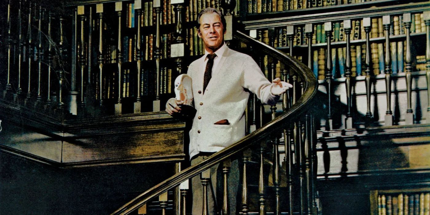 Henry Higgins coming down a set of stairs in My Fair Lady