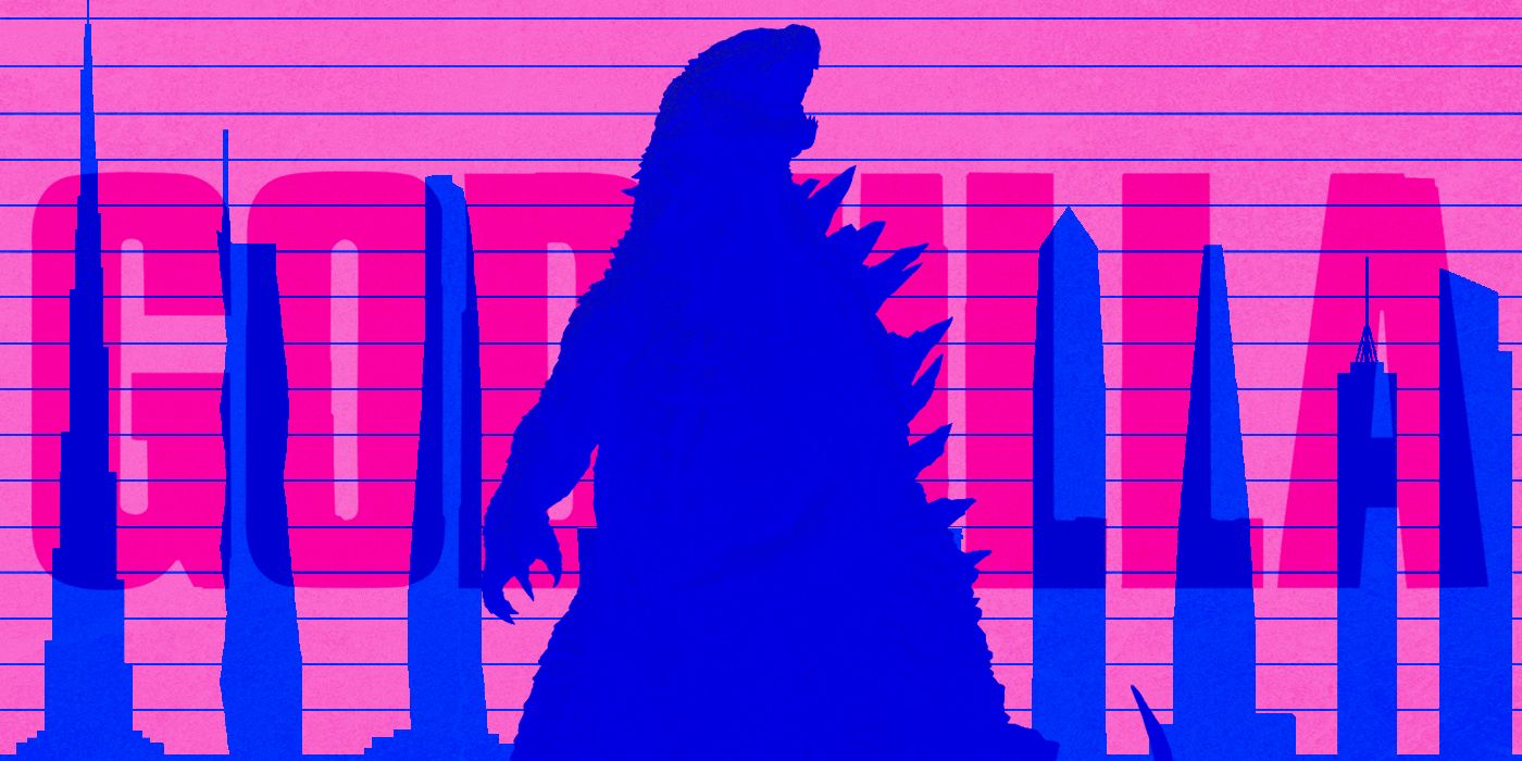 Custom image of Godzilla's silhouette beside building outlines against a pink background